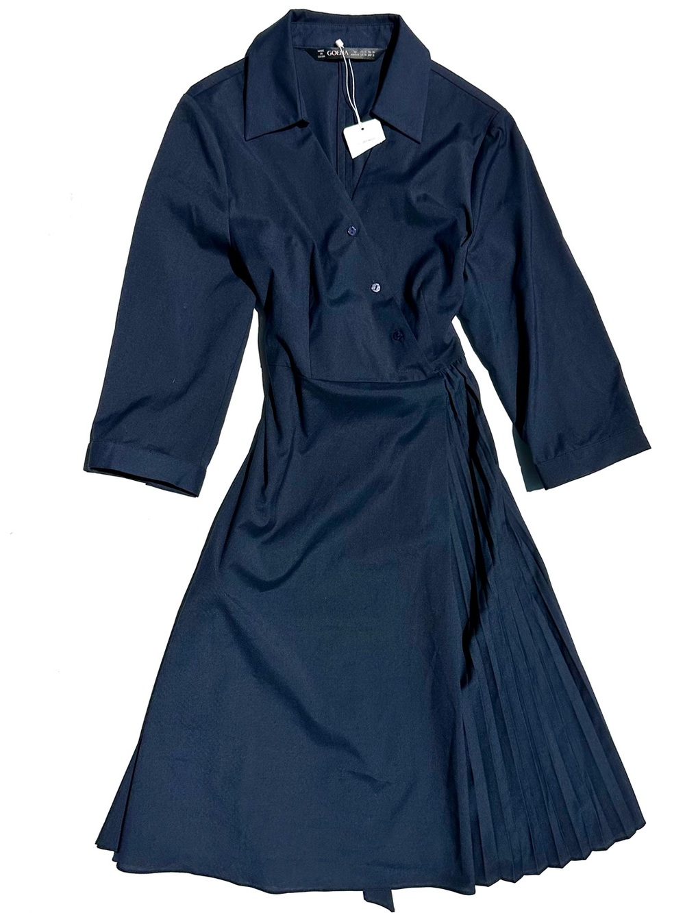 NWT Goelia Navy Asymmetric Faux Wrap Pleated Shirt Midi Dress, Belt, 6